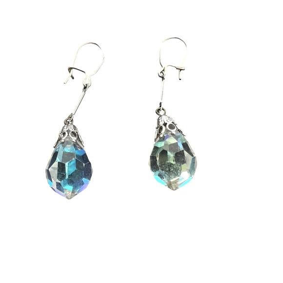 Iridescent Dangle Earrings Faceted Glass Pierced Drop Silver Tone Wire Hook - Picture 7 of 10